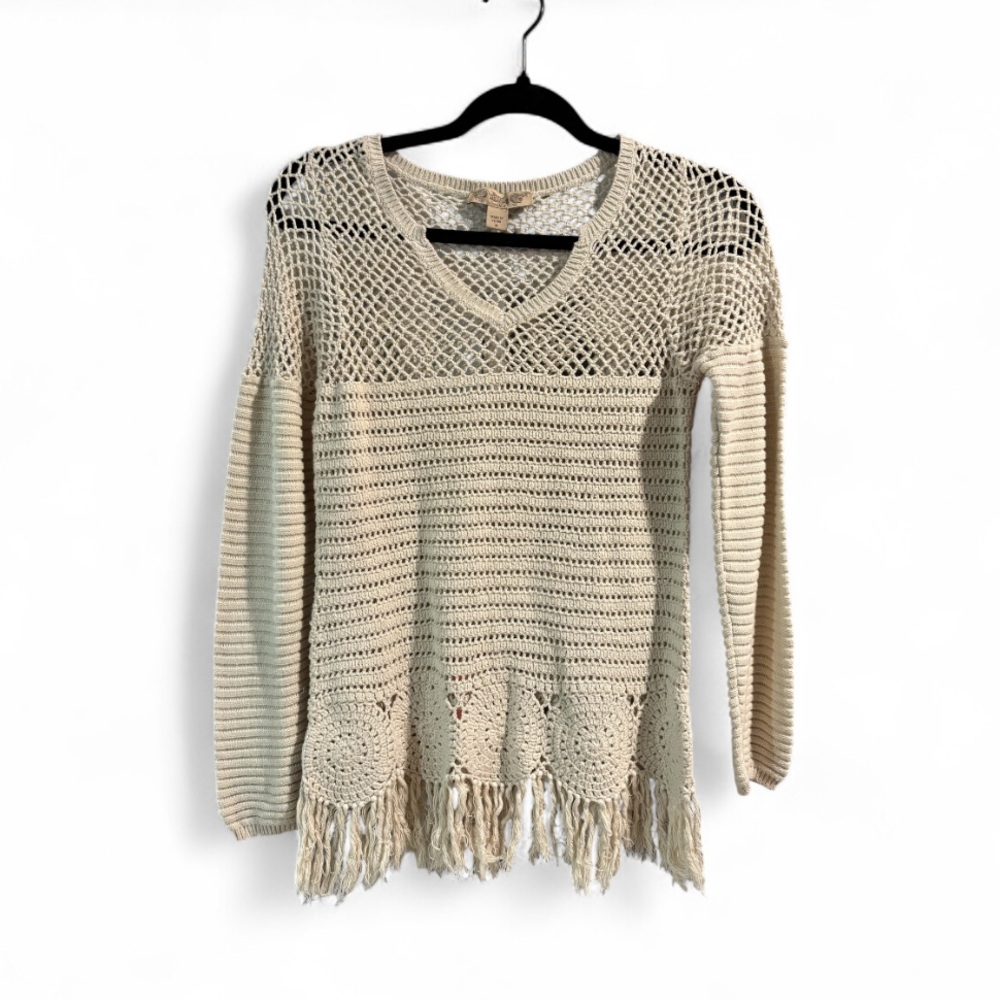 Nine West Vintage‎ America Beige V-Neck Crochet Fringe Sweater- Size Small